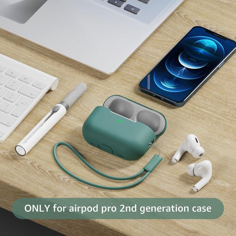 Tandoler حافظة متوافقة مع Airpods Pro 2، غلاف سيليكون ناعم واقي مع مجموعة تنظيف وحبل حمل متوافق مع AirPod Pro الجيل الثاني، LED أمامي مرئي - أخضر صنوبر - Image 2